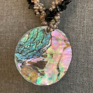 Vintage 80s Abalone & Shell & Stone Pendant Necklace